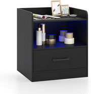 Comodino Cameretta con Luce LED a 16 Colori, Tavolino Camera da Letto con Ripiano Aperto e Cassetto, Comodino Moderno con Telecomando per Soggiorno, 44,5 x 40 x 50 cm, Nero