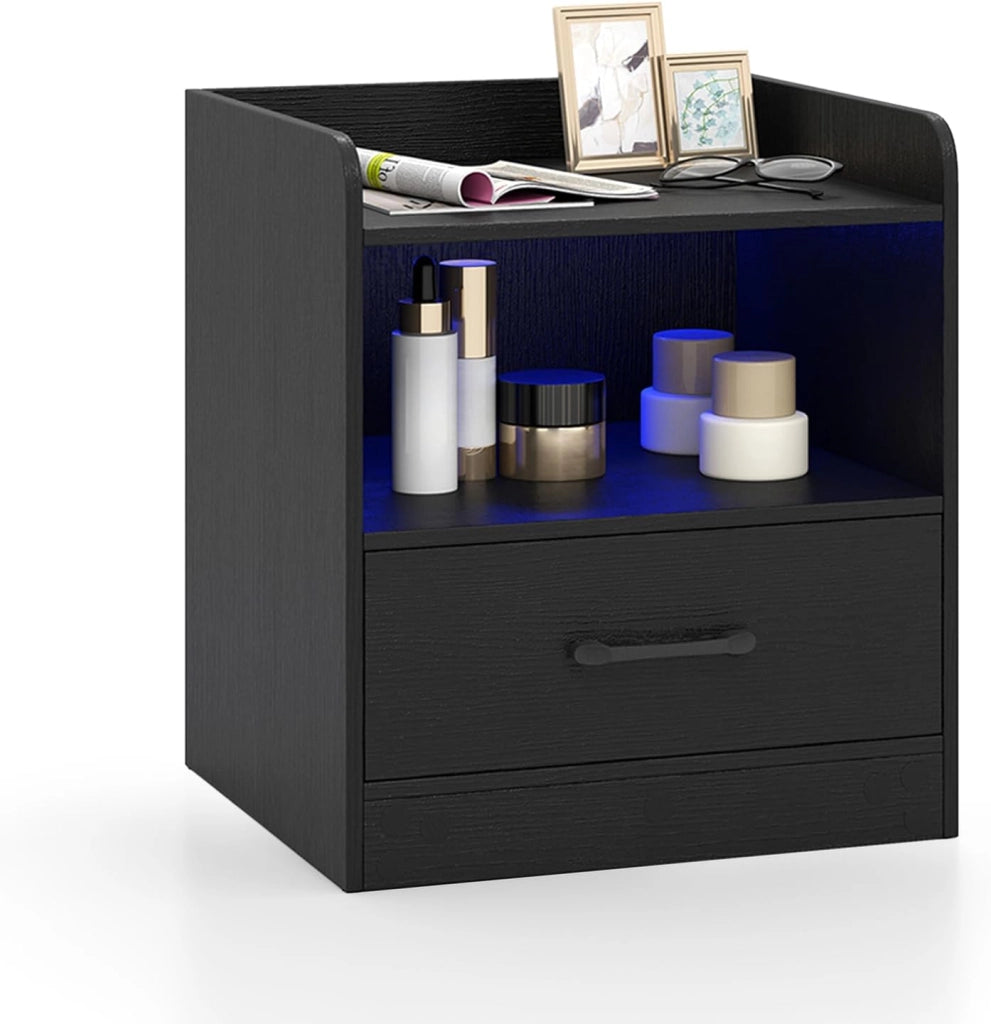 Comodino Cameretta con Luce LED a 16 Colori, Tavolino Camera da Letto con Ripiano Aperto e Cassetto, Comodino Moderno con Telecomando per Soggiorno, 44,5 x 40 x 50 cm, Nero