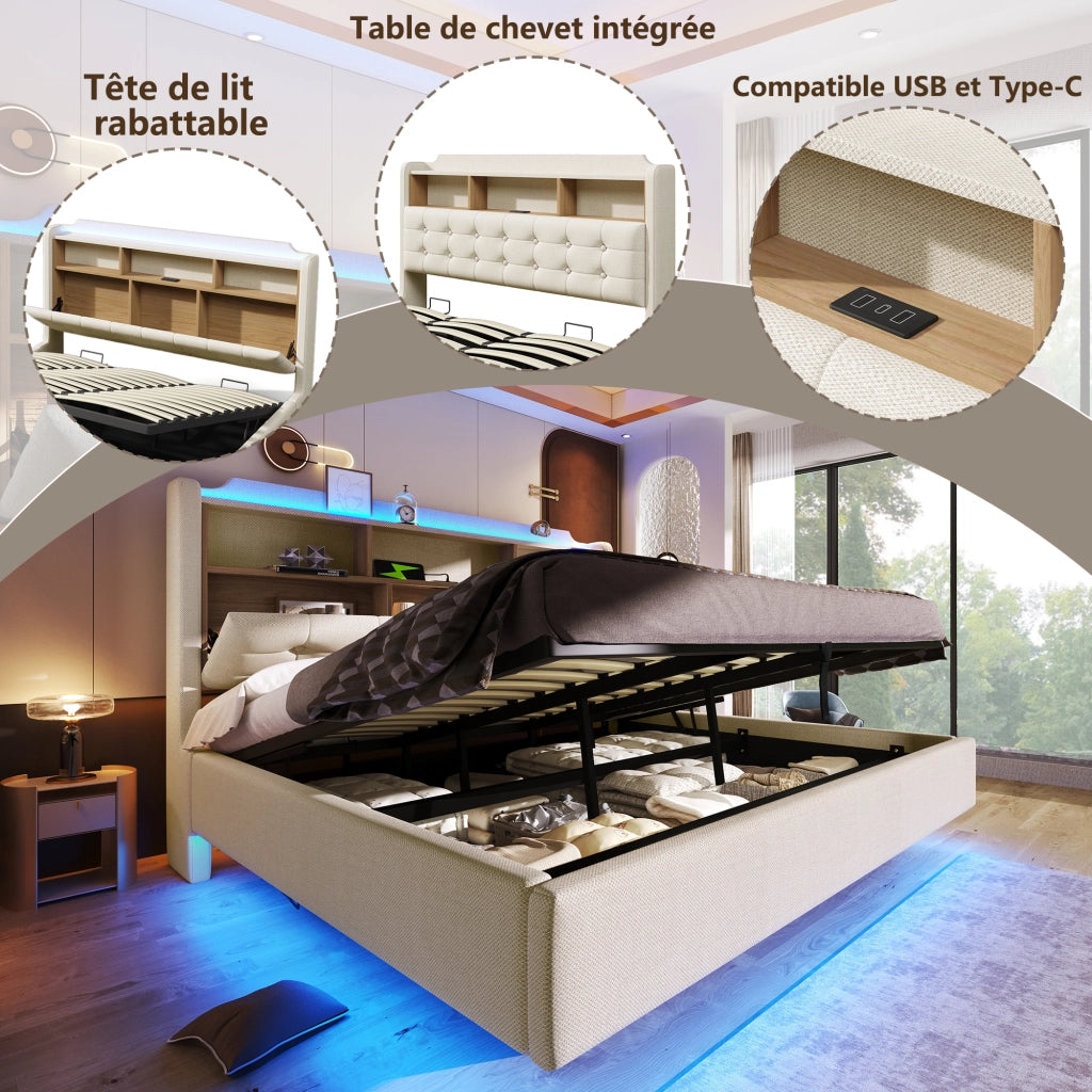 Letto matrimoniale contenitore 180x200 cm effetto sospeso con LED; testiera portaoggetti; USB e USB-C; lino beige