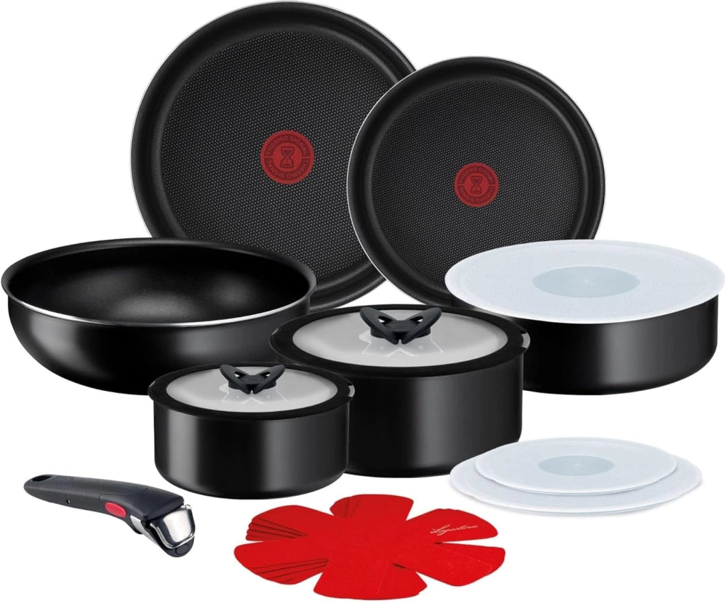 Lagostina Ingenio Essential Plus Set di Pentole, Alluminio per Gas e Forno (no induzione), 17 Pezzi, 2 Casseruole Fonde, 2 Padelle, Tegame, Wok, 5 Coperchi, 5 Proteggi Padella e Manico Removibile