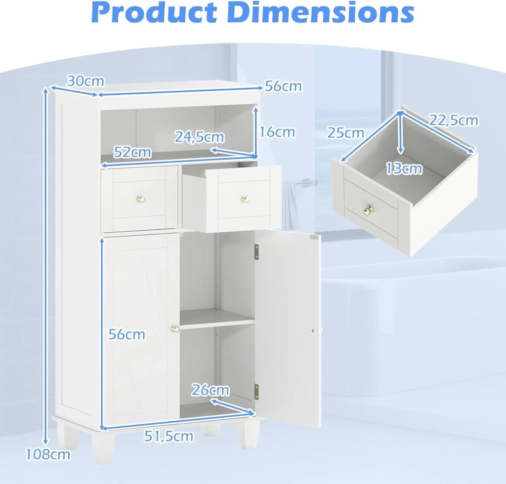 Armadietto da bagno da 108 cm, autoportante con 2 cassetti, ripiano regolabile e ripiano aperto, 56 x 30 cm, per lavanderia e ingresso (bianco)