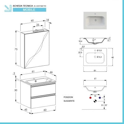 Mobile bagno sospeso 60 cm rovere miele con lavabo e specchio contenitore Master