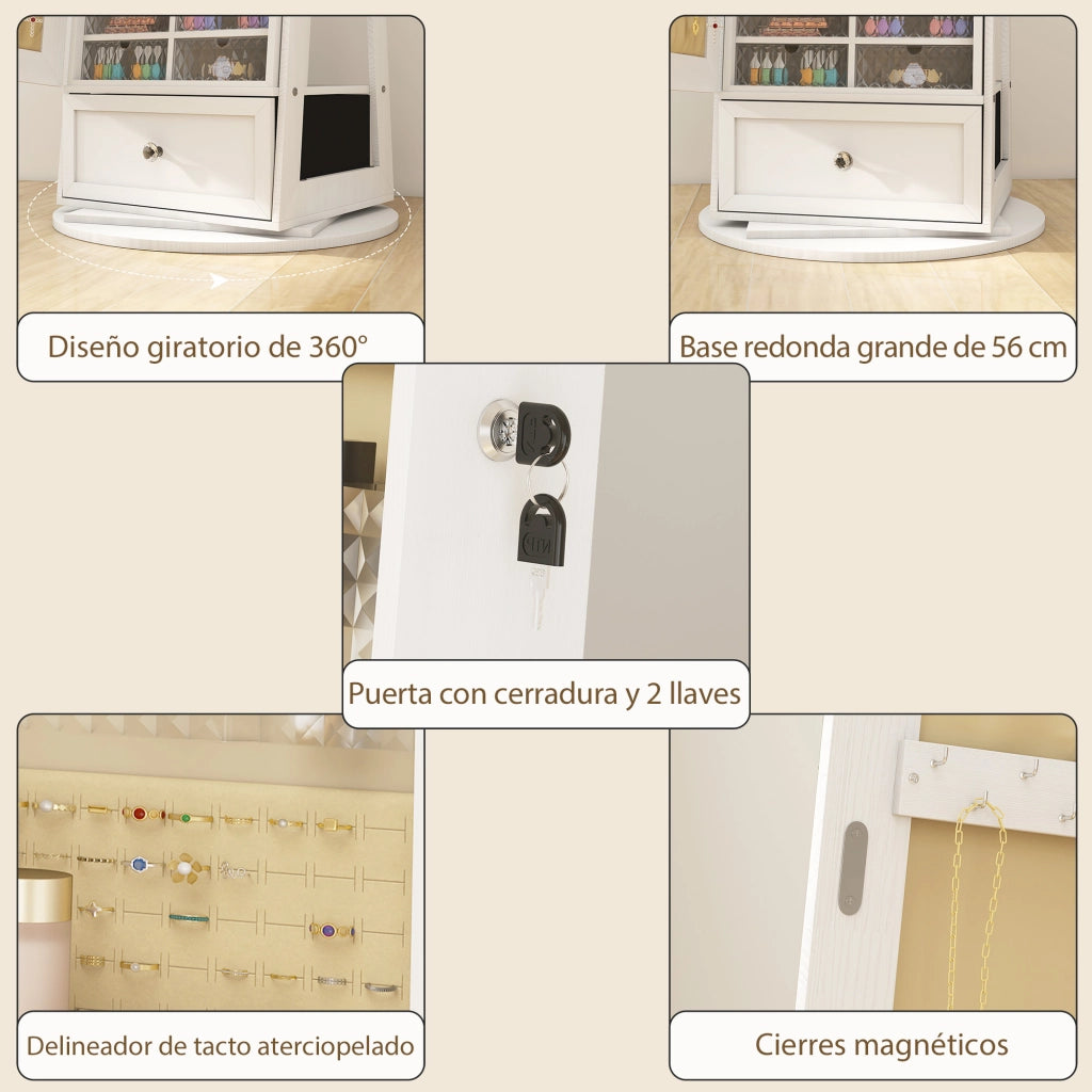 Armadio Joyero con Luci LED e Specchio Giratorio ¨C zephmum ¨C Bianco 90x51x200