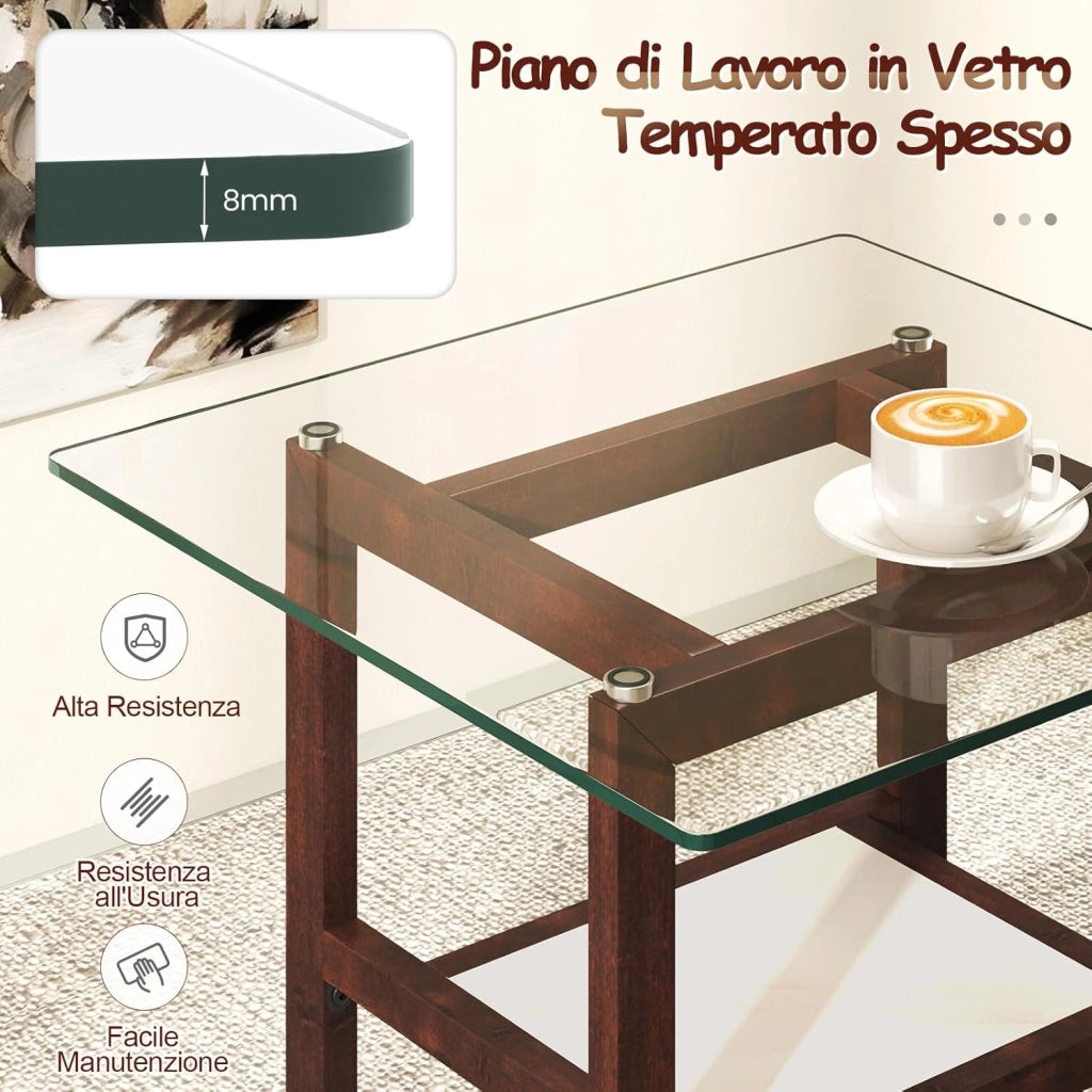 Tavolino Quadrato in Vetro, Tavolino Laterale con 2 Ripiani e Struttura in Legno di Gomma, Tavolo Moderno per Soggiorno, Casa e Ufficio, 61 x 61 x 62,5 cm