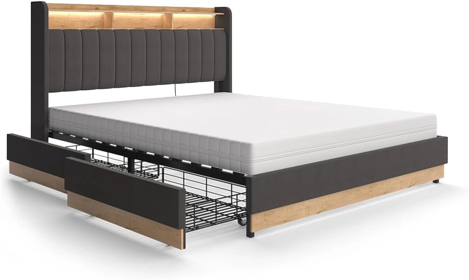 Letto imbottito Nura, Antracite, 180x200 cm con materasso, con porta di ricarica USB, illuminazione LED e telecomando