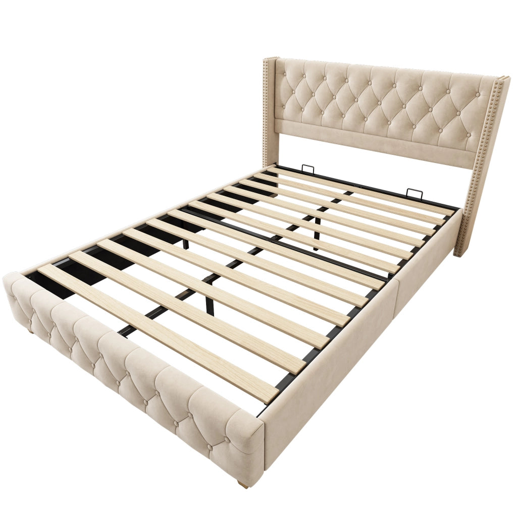 Letto imbottito 160x200 cm in velluto beige chiaro con testiera capitonné