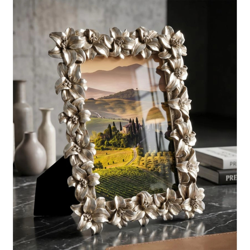 Cornice portafoto Glamour con rilievi floreali argento anticato