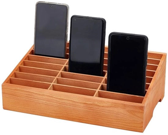 Organizzatore per scrivania in legno - Ripostiglio per telefono cellulare - Marrone - Supporto per telefono cellulare - Adatto per insegnanti - Multi-compartimenti