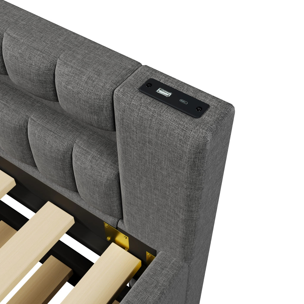 Letto estraibile singolo 90×200 cm con LED; USB e Type-C; senza materasso; lino; grigio