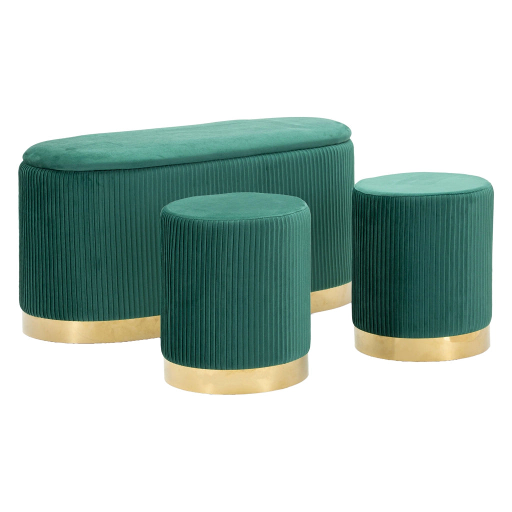 Soroti, Panca con due Sgabelli, Panca Contenitore, 80x37x42h cm Verde