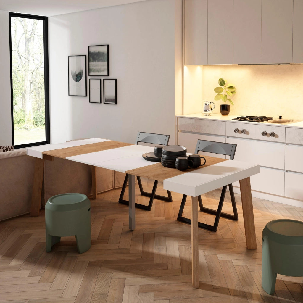 Consolle allungabile, 222x90x73cm, Per 10 persone, Gambe in legno, colore Rovere e bianco RF3059