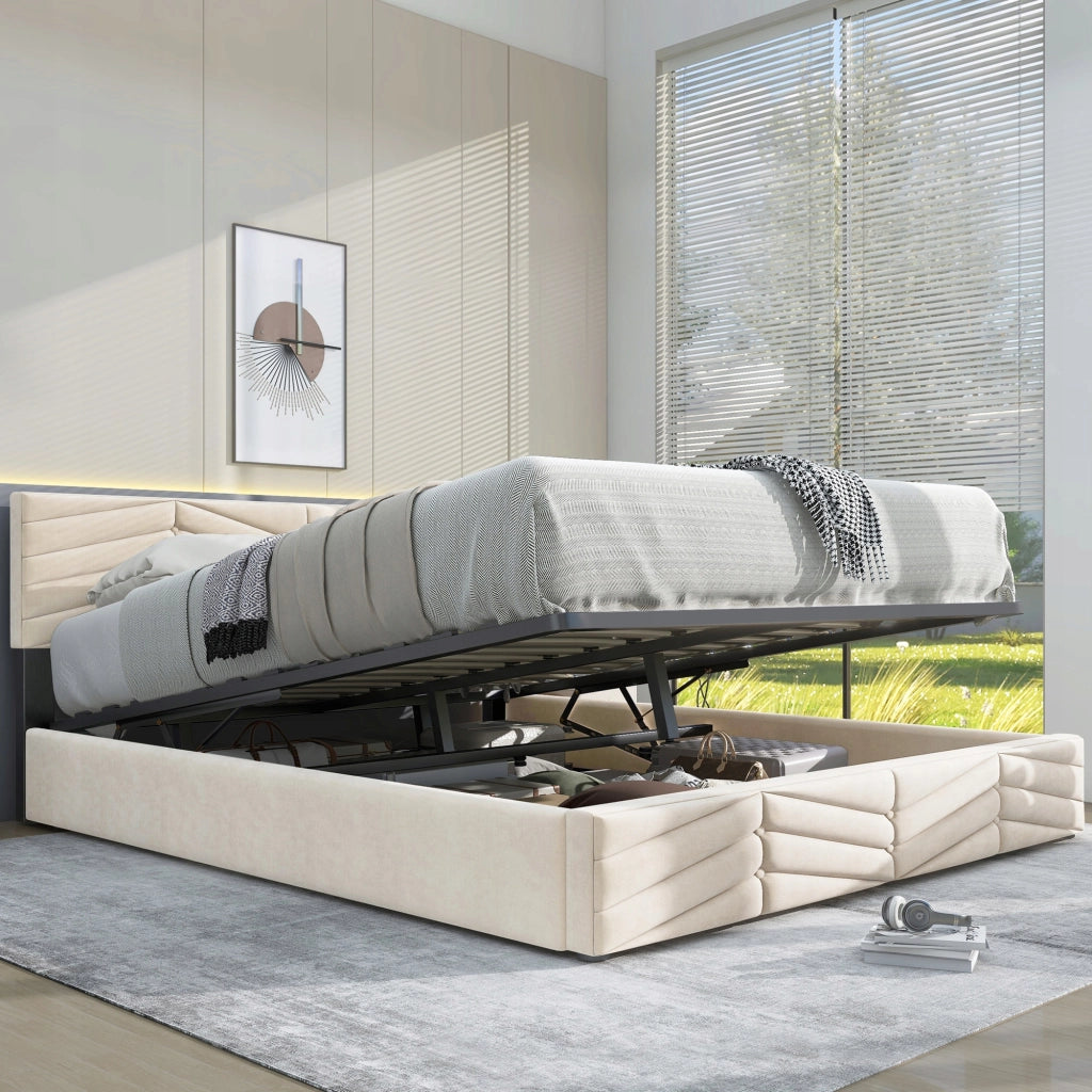 Letto 140x190cm - Xylo - Beige, Tessuto olandese in velluto, Senza materasso