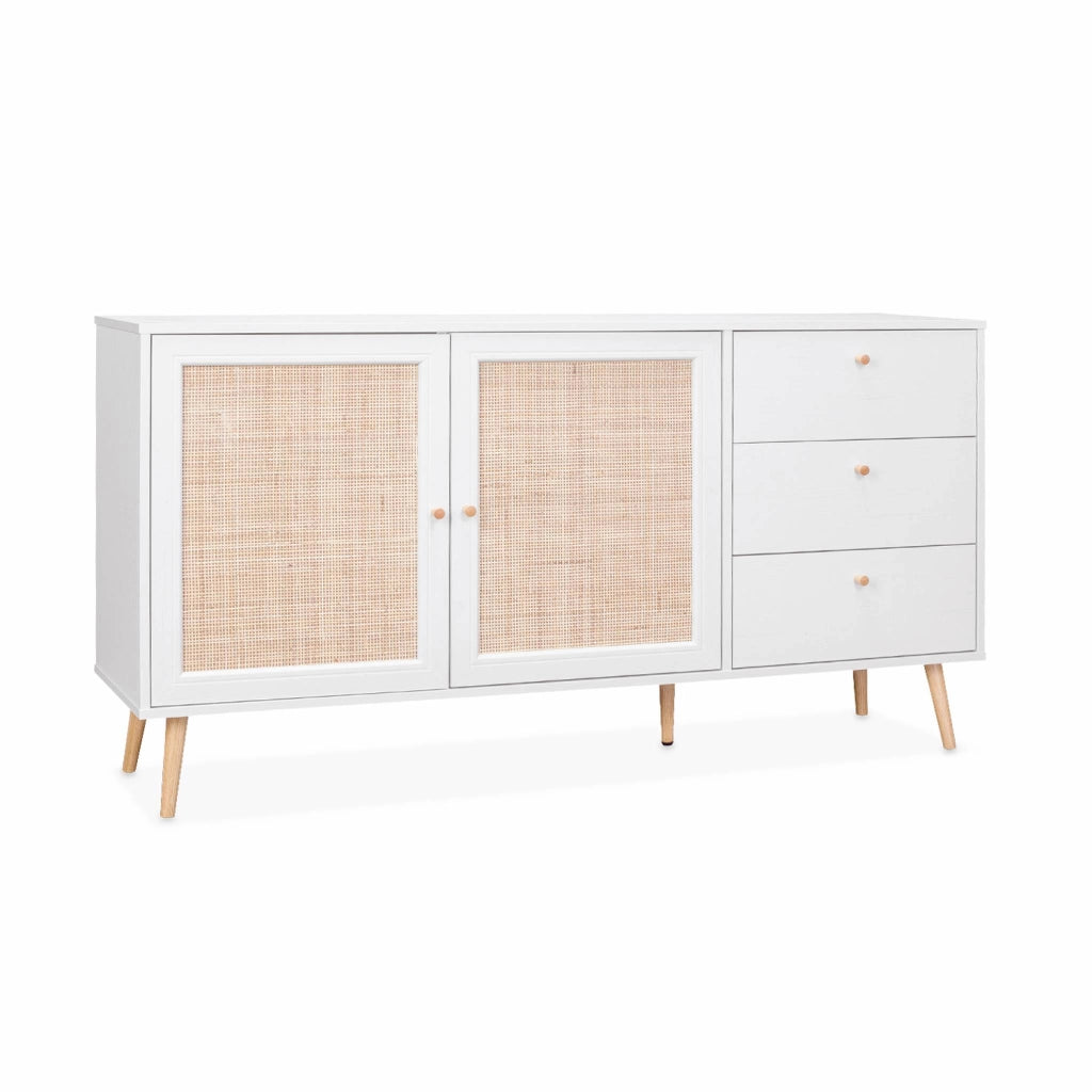 Credenza scandinava a 2 ante in canna, 150cm, bianco sporco