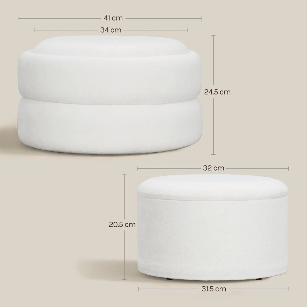 Set di 2 Pouf Contenitore 3-in-1, Pouf Poggiapiedi Rotondi Impilabili con Coperchio Removibile, in Velluto a Nuvola, per Camera da Letto, Soggiorno, Corridoio, Bianco