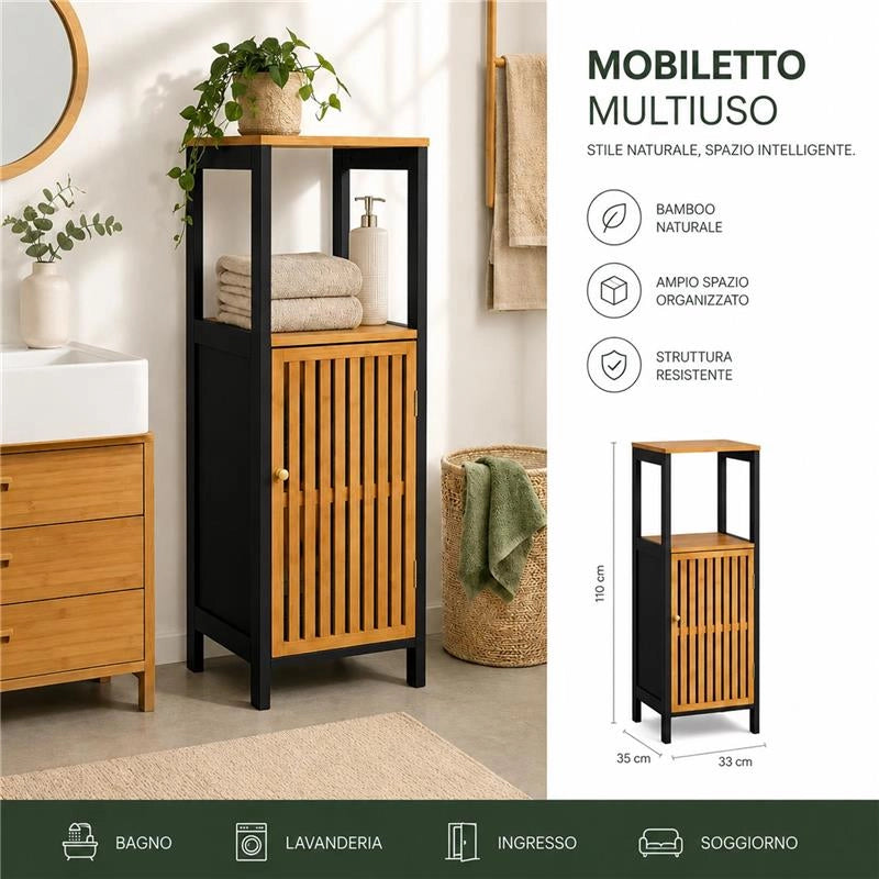 MOBILE DA BAGNO IN LEGNO CON ANTA E RIPIANO IN BAMBOO - COLORE NERO DIMENSIONI 32X30X91 CM