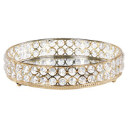 Vassoio decorativo in ferro dorato e vetro specchiato rotondo con strass da tavolo con i glamour