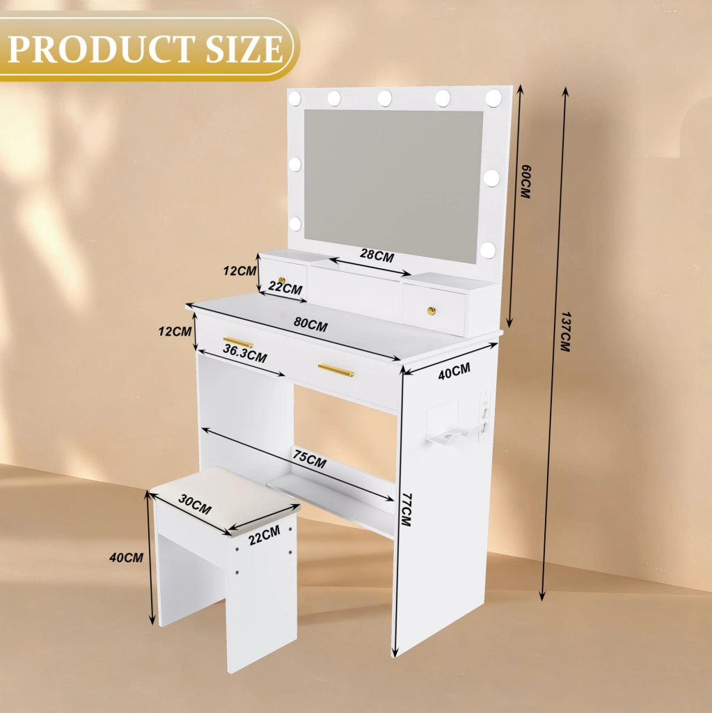 Tavolo trucco con LED; presa integrata; porta asciugacapelli e sgabello imbottito; MDF bianco