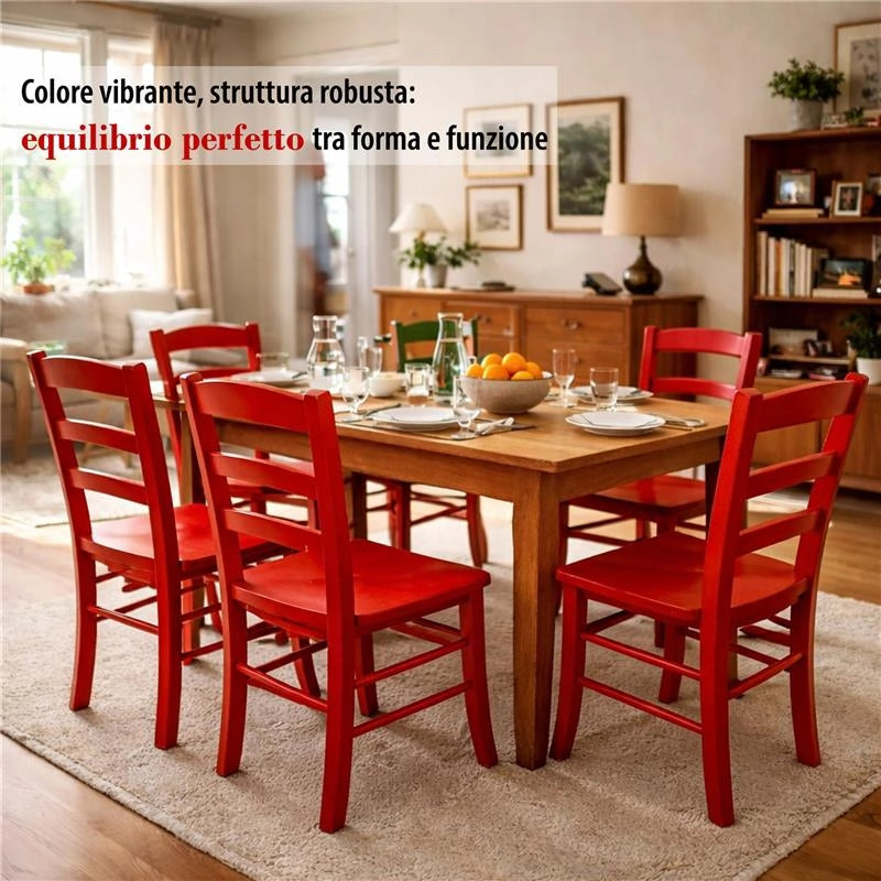 SET 4 SEDIE PAESANA IN LEGNO CON SEDUTA COMPATTA E SCHIENALE ALTO H 87 X L 45 X P 40 CM COLORE ROSSO