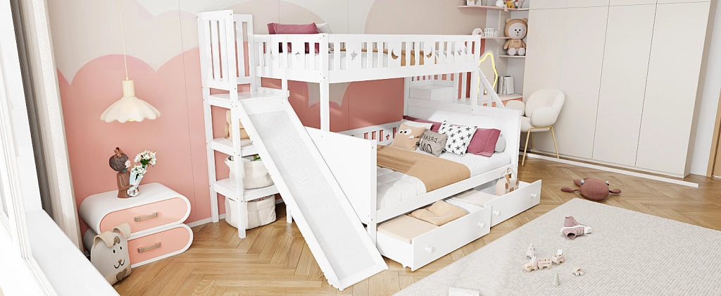 DESMIU Litto a castello bambino 90 × 200 e 140 × 200 cm con scivolo, scala, 2 cassetti, senza materasso, bianco