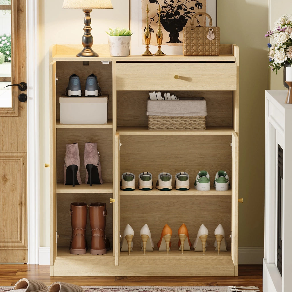 Armadio portascarpe in rattan con 1 cassetto e 3 ante, struttura in MDF e truciolare, colore naturale, 90 x 35 x 110 cm