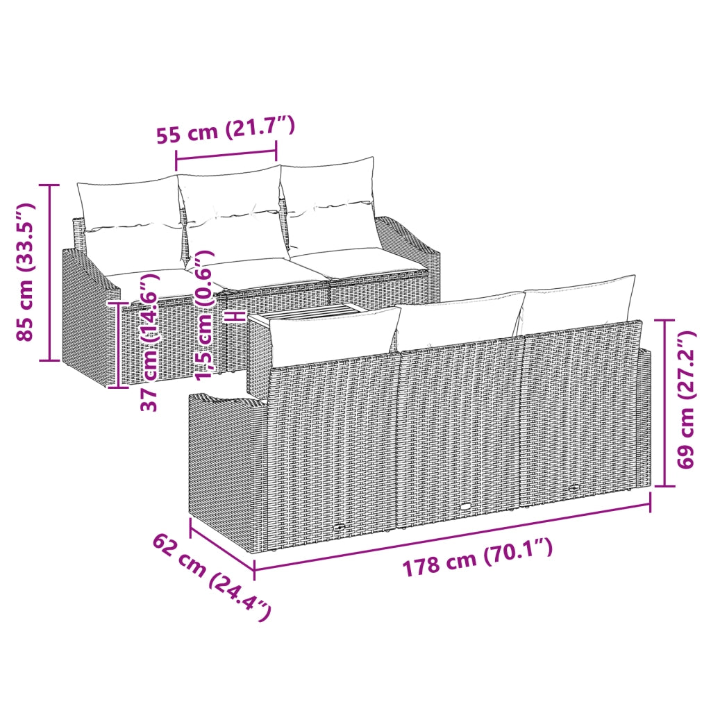 Set Divano Giardino 7 Pezzi con Cuscini Nero Polyrattan