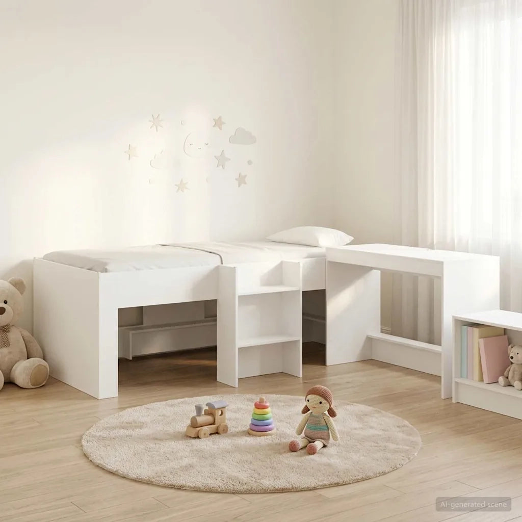 Letto alto per Bambini | Letto Infantile | Lettino con scrivania Bianco 90 x 190 cm