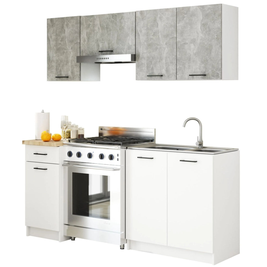 AKORD Set di Mobili da Cucina OLIWIA 180 cm Cemento 180 cm 7 ante 1 cassetto inserto frontale Bianco 180x46x203 cm