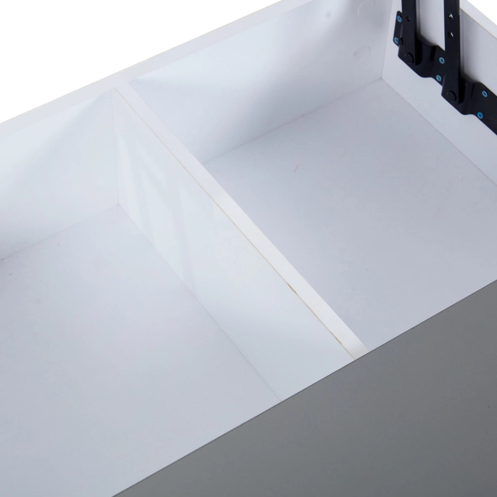 Tavolino basso sollevabile con LED e vano contenitore, piano in MDF lucido bianco e grigio, 70 × 70 × 35 cm
