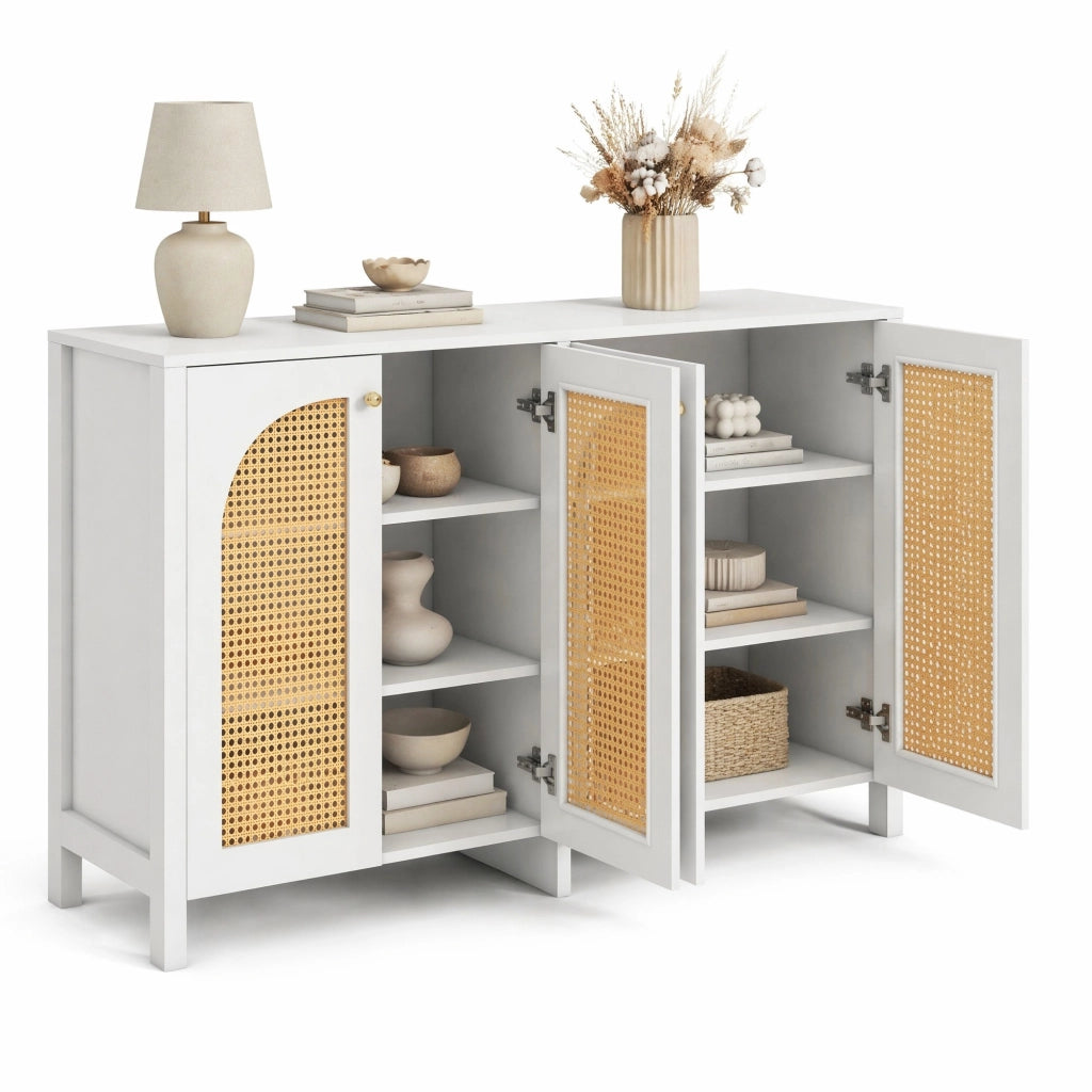 Credenza sideboard a 4 ante in MDF e PE rattan; ripiano regolabile; bianca