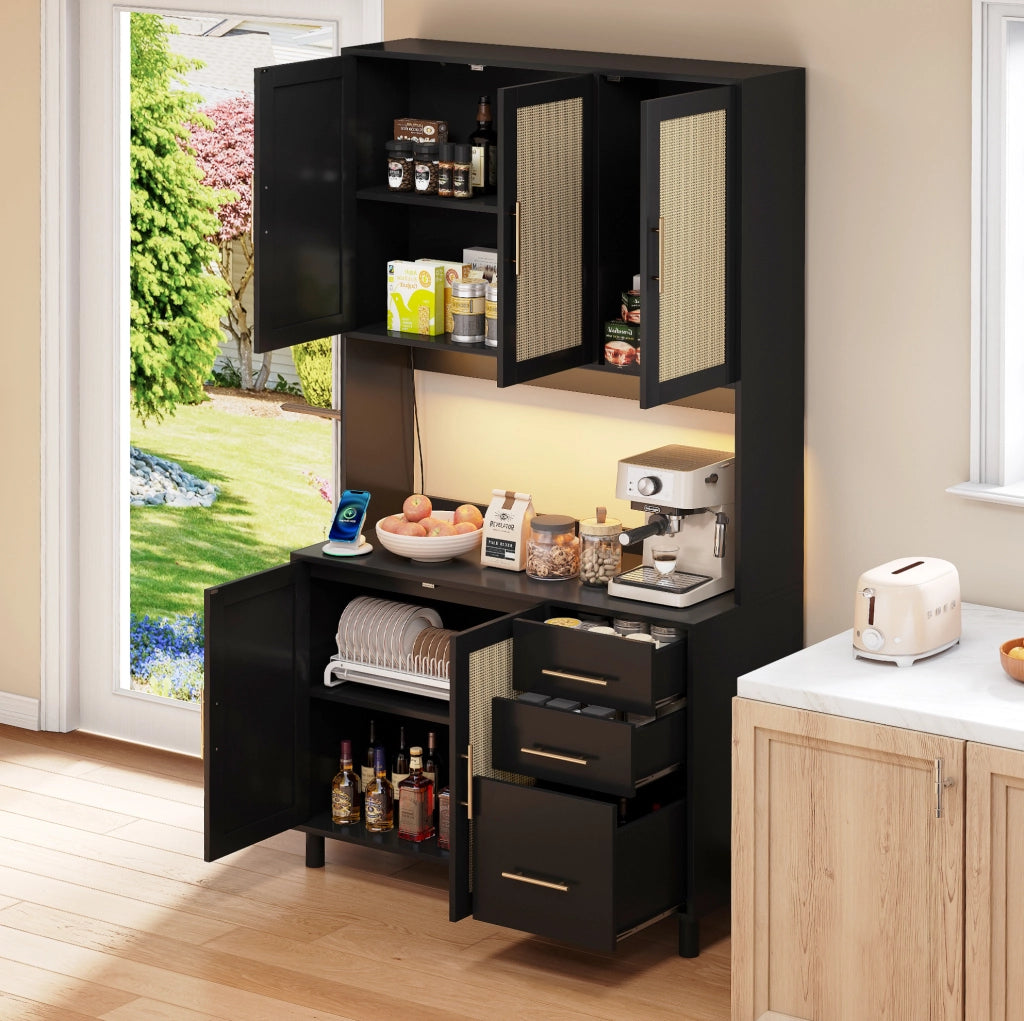Credenza cucina 100x40x183 cm con LED multicolore; 2 prese; USB; 3 cassetti; MDF nero