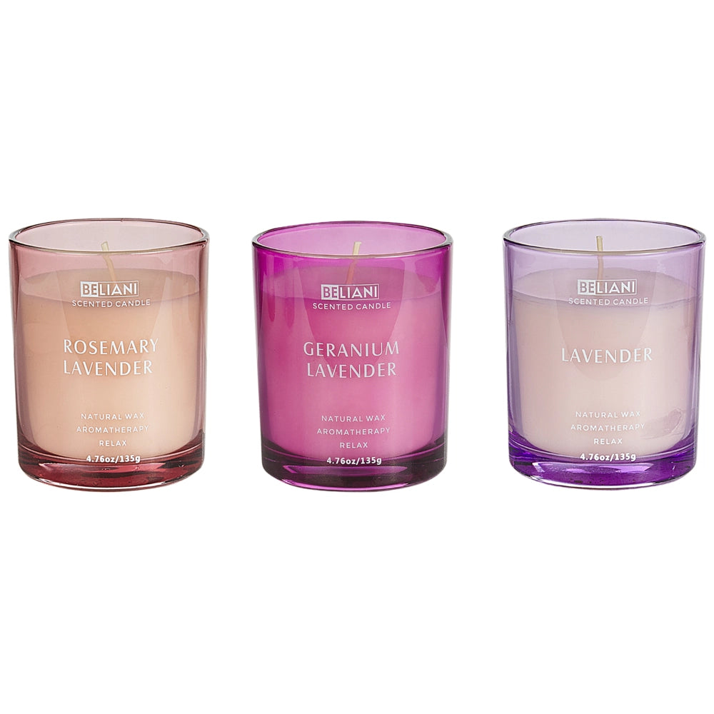 Set di 3 candele profumate multicolore 100% cera di soia stoppino di cotone vetro Naturale Fragranza fresca Lavanda, Rosmarino Lavanda,Geranio Lavanda