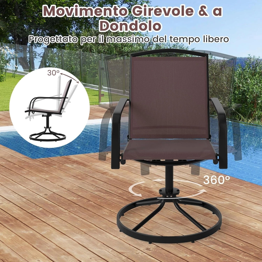 Set di 2 Sedie da Patio Girevoli, Poltrone a Dondolo in Rete a 360° con Schienale Alto e Base Rotonda in Metallo, Sedia a Dondolo Robuste per Giardino Balcone, Portata 150 kg (Marrone)