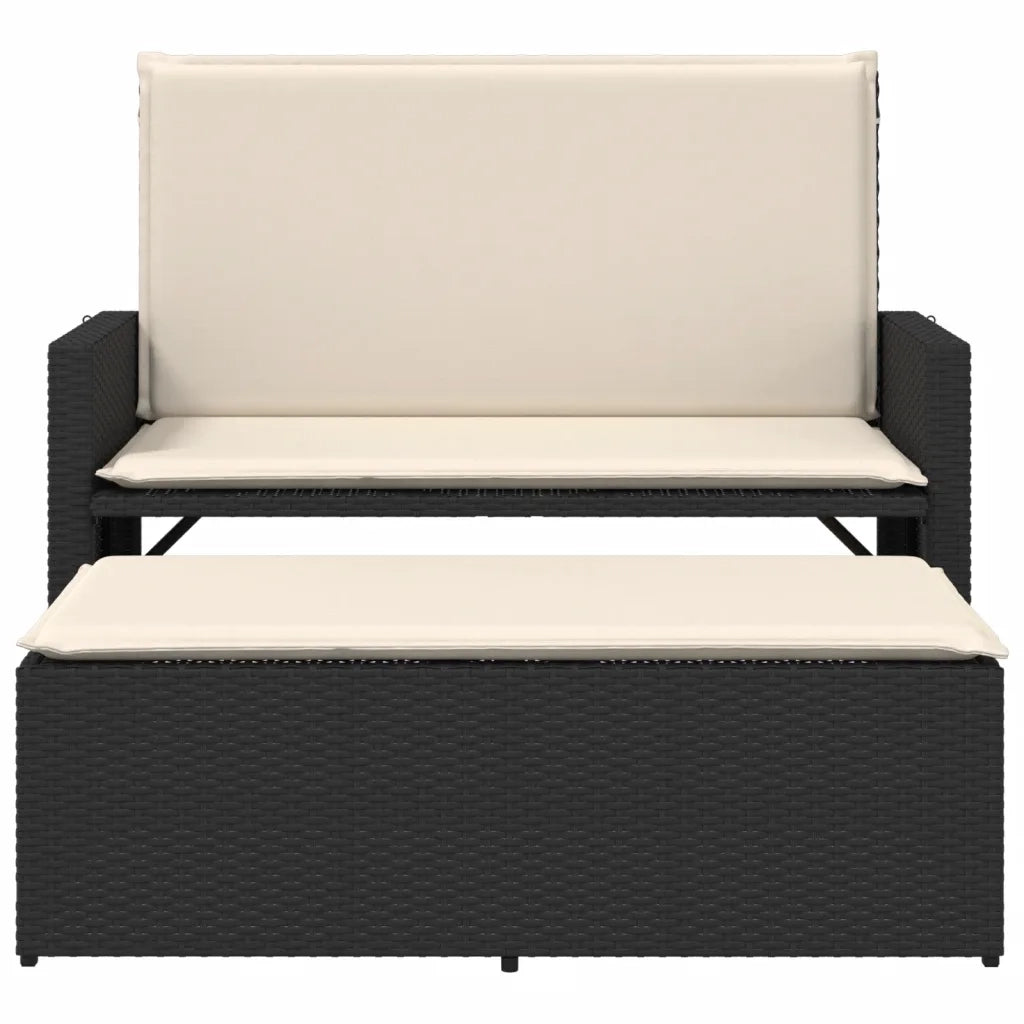 Panca da Giardino con Cuscini e Poggiapiedi-Sgabello-Panca da esterno Nera in Polyrattan