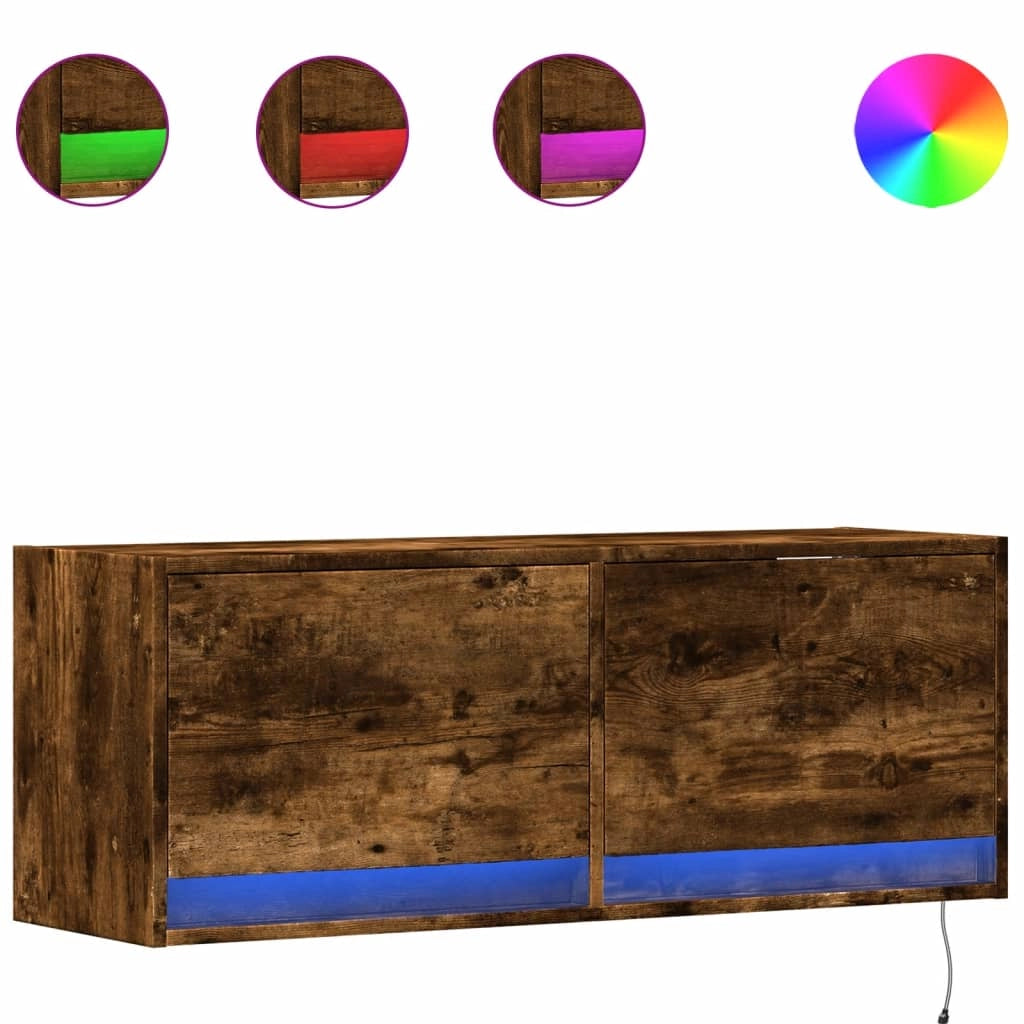 Mobile TV multimediale scaffale TV credenza TV mobile TV da parete per sala da pranzo soggiorno camera da letto con luci LED rovere affumicato 100 x 31 x 35 cm marrone 02_0027968