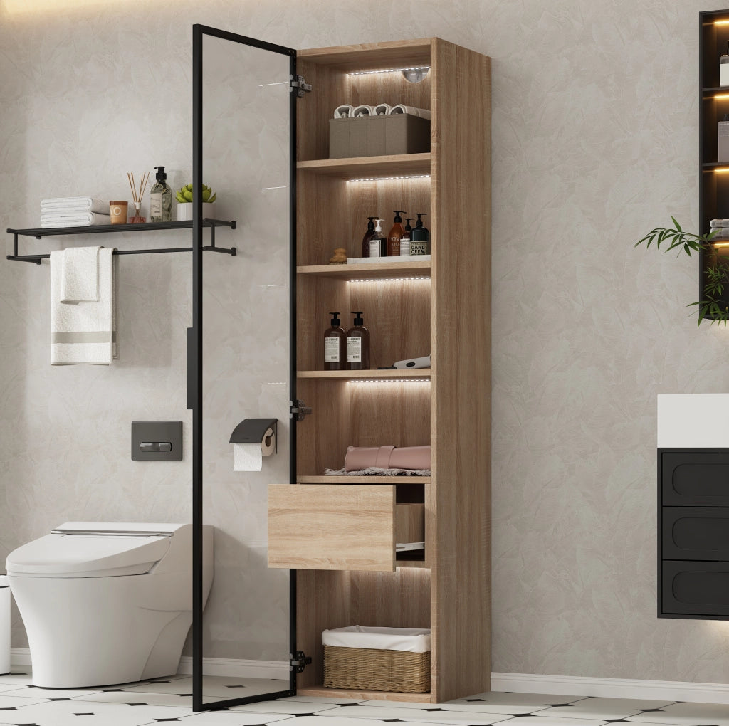 Mobile bagno compatto in MDF colore naturale con anta in vetro temperato