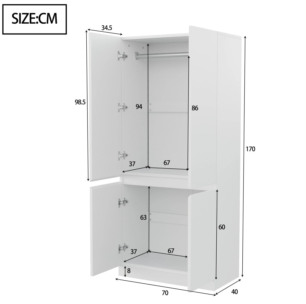 Armadio guardaroba a 2 ante 70 x 40 x 170 cm in legno e MDF bianco