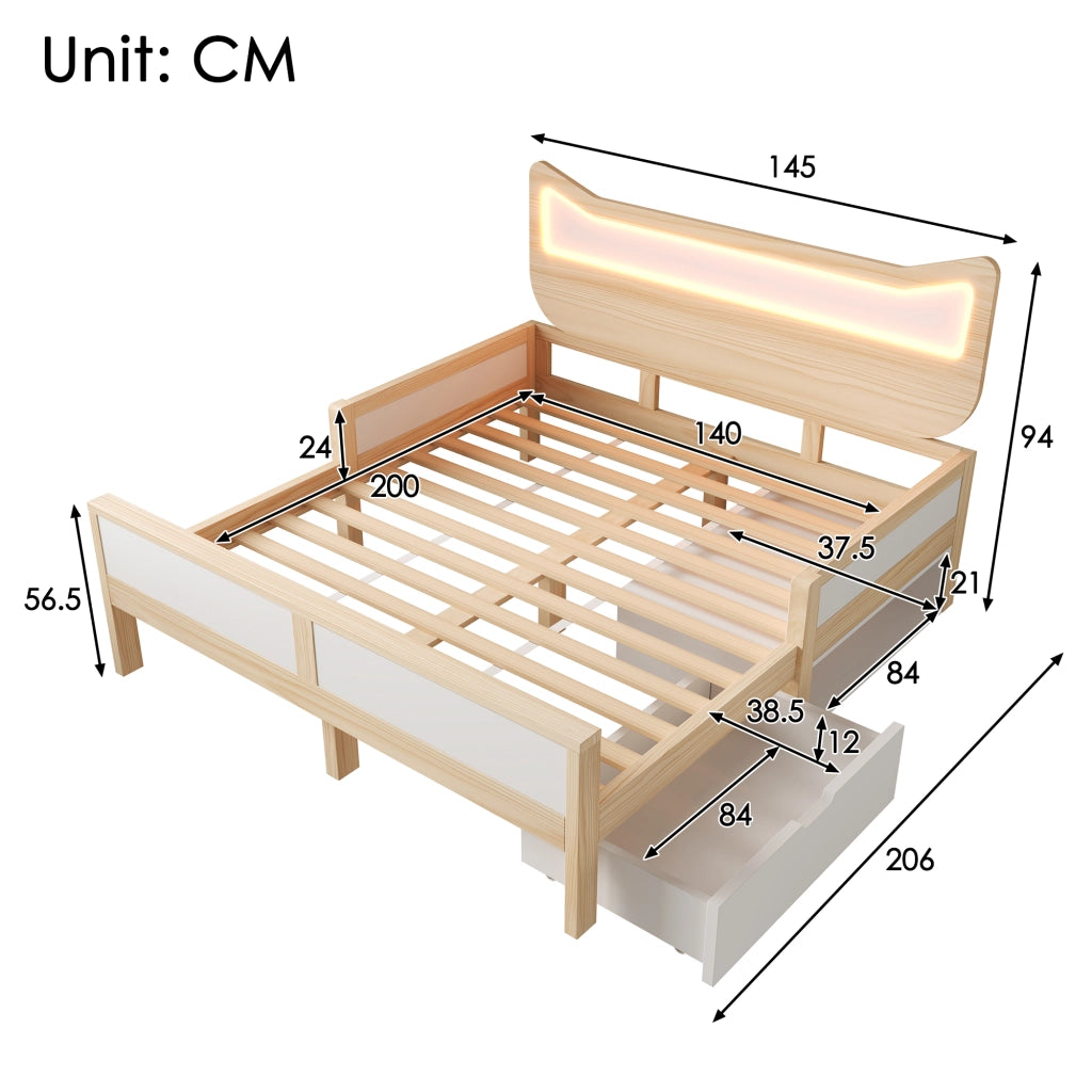 Lettino per bambini con orecchie da gatto e luci a LED 140x200 cm in legno di rovere e bianco