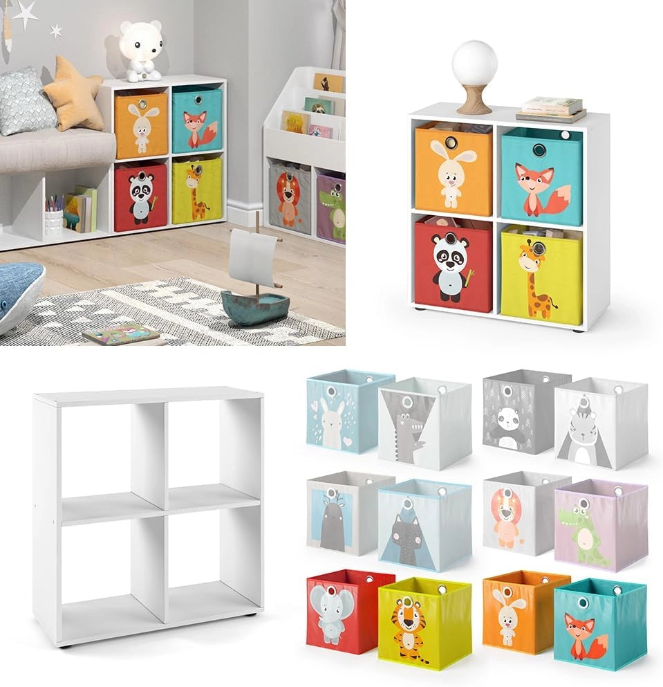 Libreria bambini Tetra, Bianco, 72.6 x 72 cm con 4 scatole pieghevoli (rosso/giallo), adatto per riporre giocattoli e libri