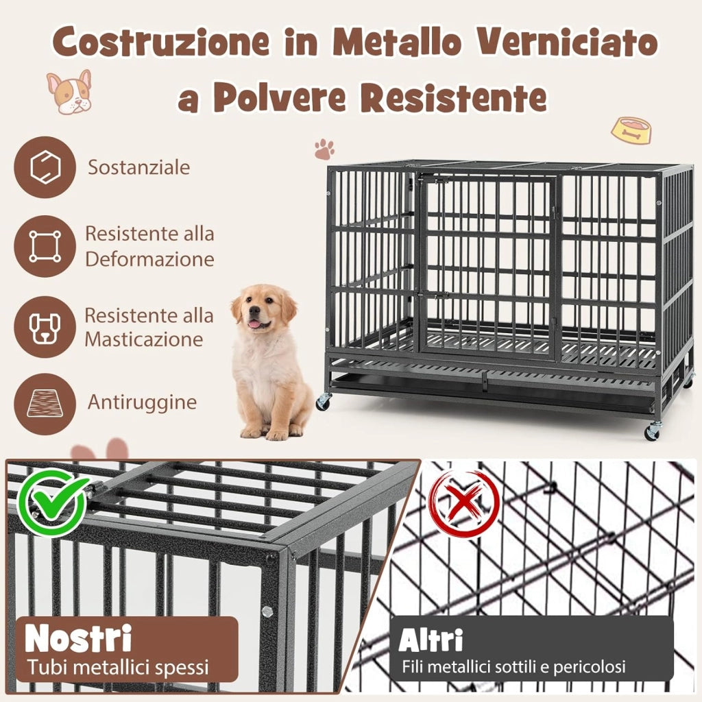 Gabbia per Cani in Metallo Pieghevole, Gabbia per Cani Anti-masticazione con Ruote, Vassoio Rimovibile e 2 Porte, Gabbia da Interno ed Esterno per Cani Media e Grande (120 x 76 x 90 cm)