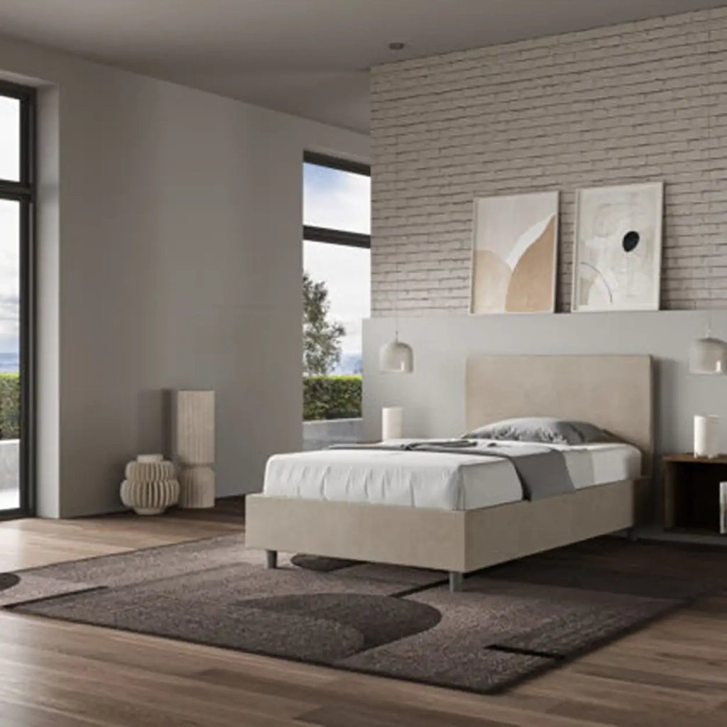 Letto una piazza e mezza contenitore imbottito 120x200 microfibra sabbia Adele
