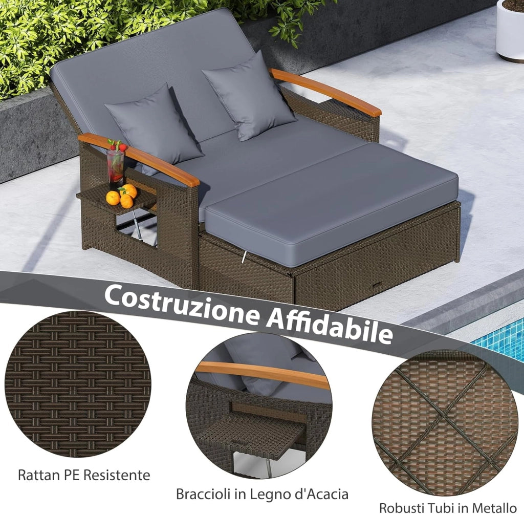 Lettino Prendisole da Giardino per 2 Persone, Divano Regolabile con Panca Contenitore e Cuscino con Schienale Regolabile a 4 Livelli e Vassoi Laterali Estraibili per Cortile e Balcone (Grigio)