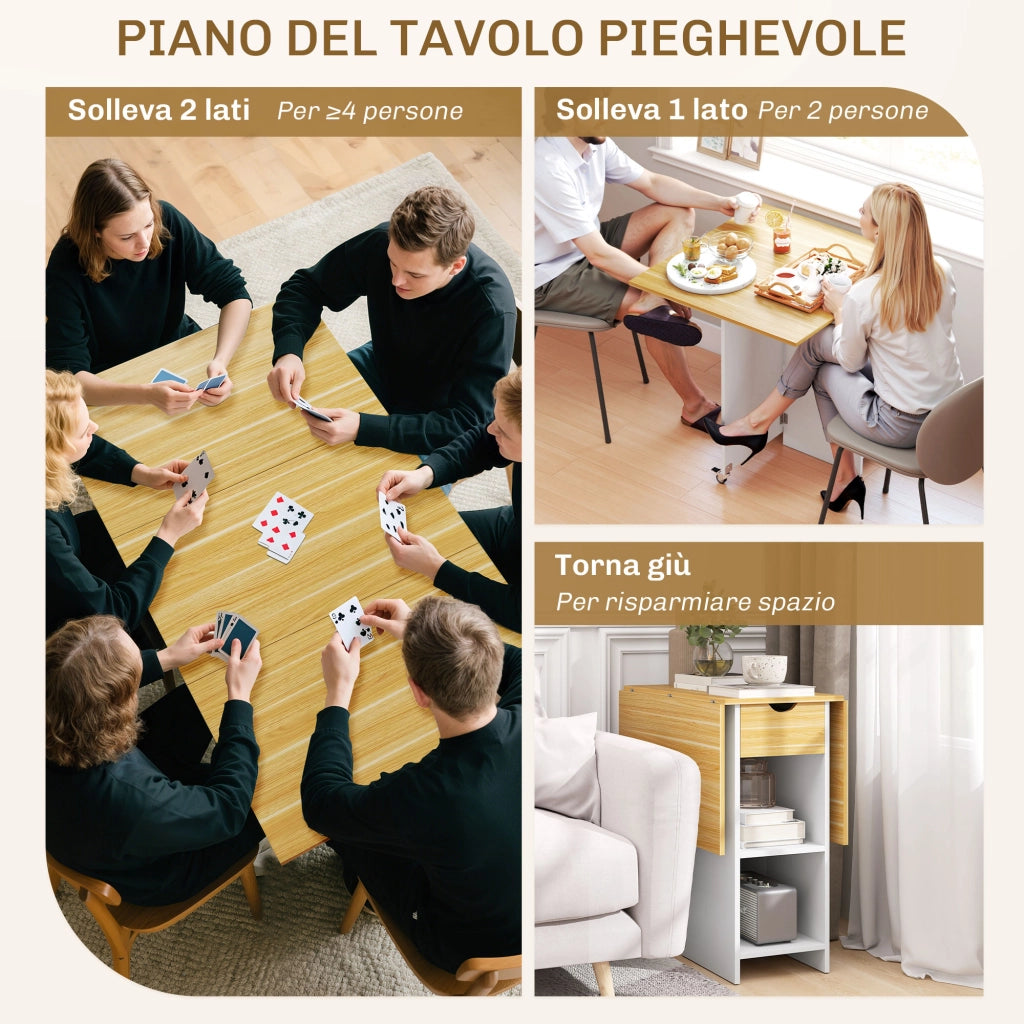 Tavolo da Pranzo Pieghevole Allungabile con Ribalte e Cassetto ¨C Zephmum ¨C Quercia 120x80x75 cm