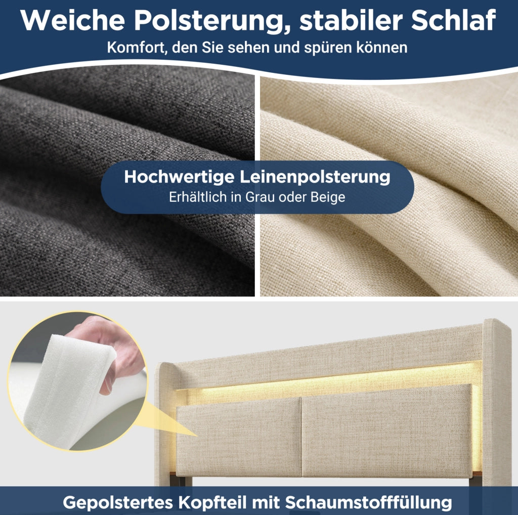 Letto imbottito beige 160 x 200 cm con LED, ricarica USB e materasso
