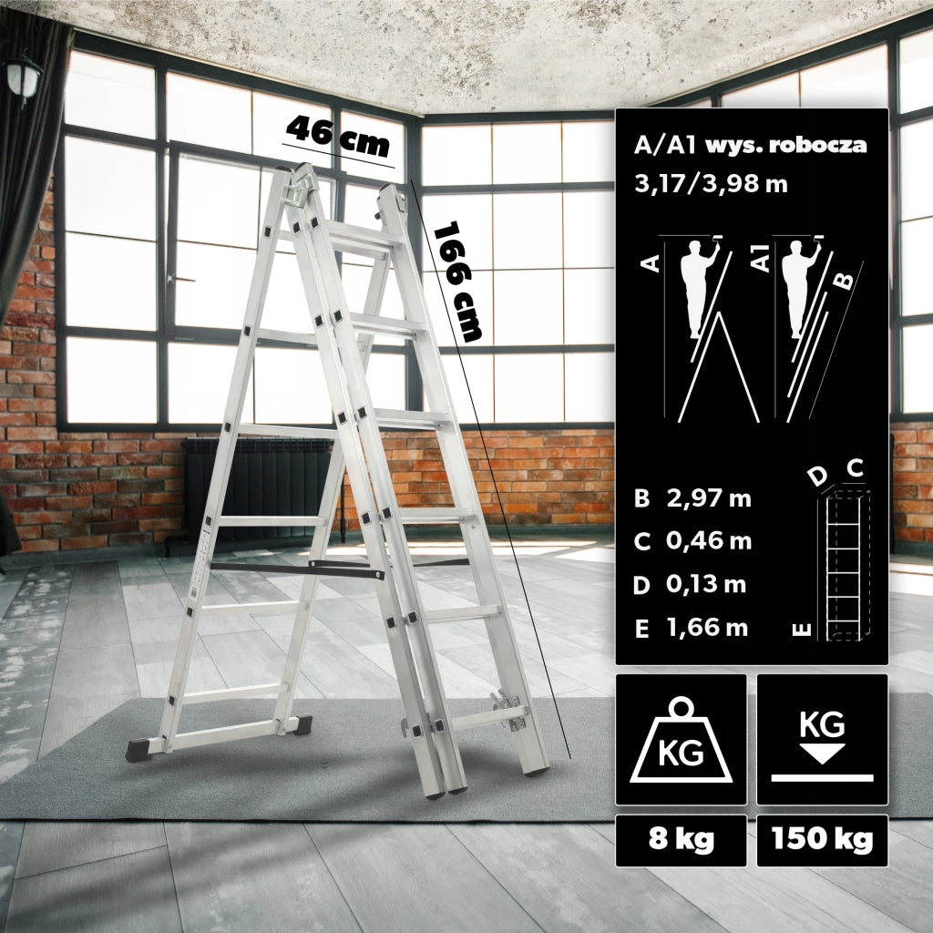 Scala universale in alluminio KADAX 3x6 pieghevole a doppia faccia, robusta + gancio
