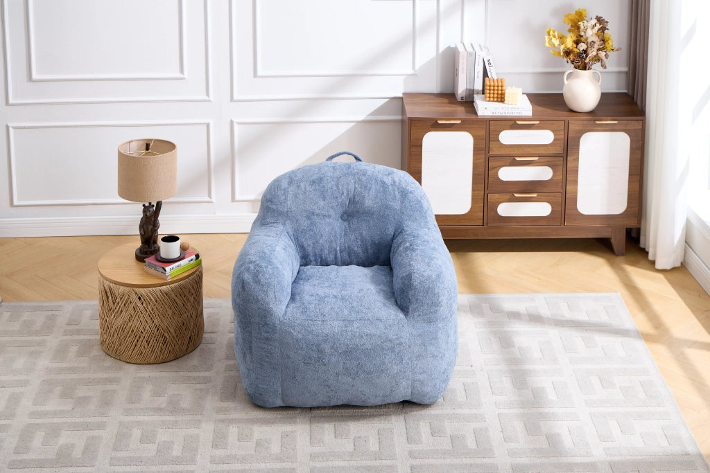 Pouf lounge in pelliccia sintetica con schienale ergonomico e imbottitura in schiuma sminuzzata senza montaggio blu