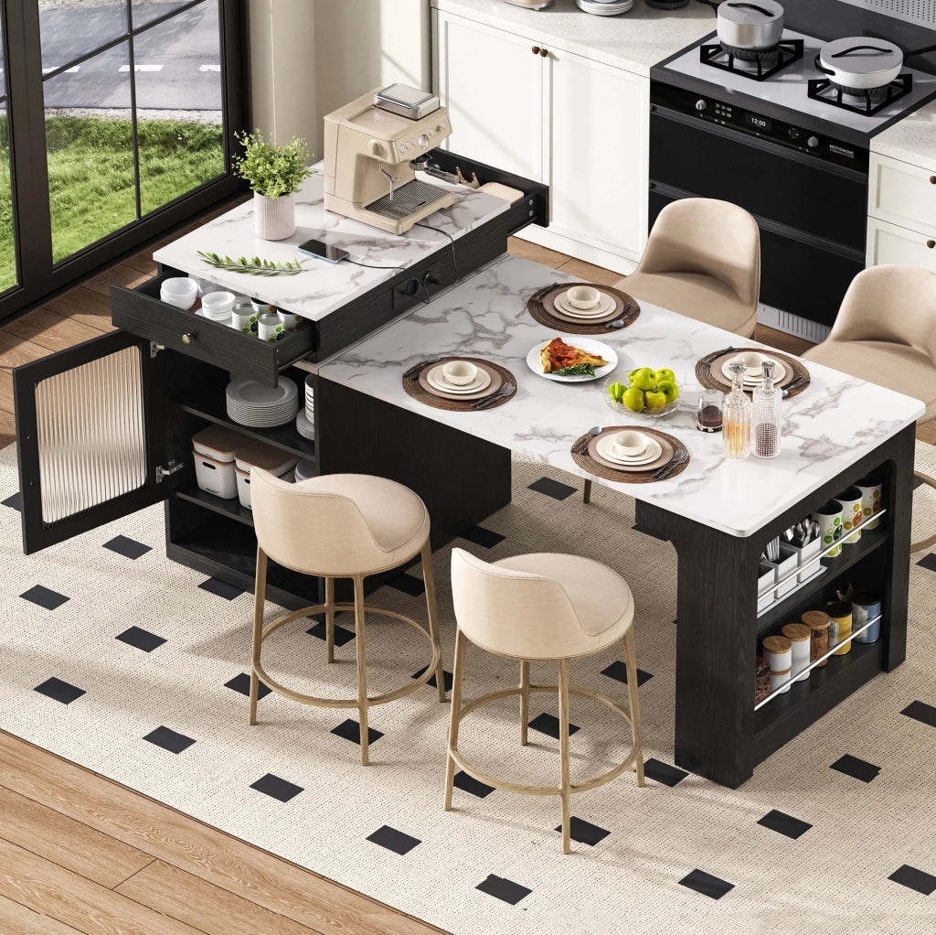 Tavolo allungabile 80x71~111~151x92 cm con prese integrate; MDF e vetro bianco e nero