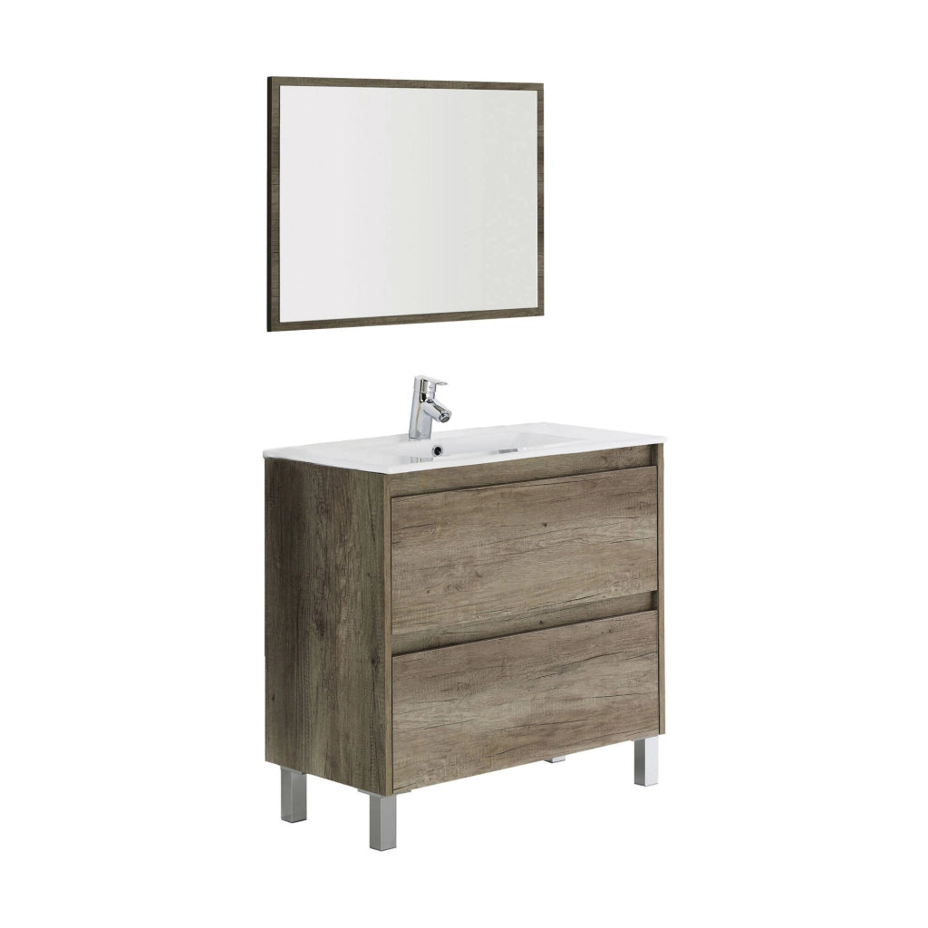 Mobile sottolavabo Alis, Mobiletto sospeso con 2 cassetti, Armadio per bagno con specchio, Lavabo escluso, cm 80x45h80, Quercia