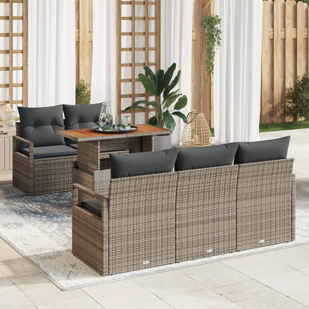 Set Divano Giardino 6 Pezzi Cuscini Grigio Polyrattan Acacia
