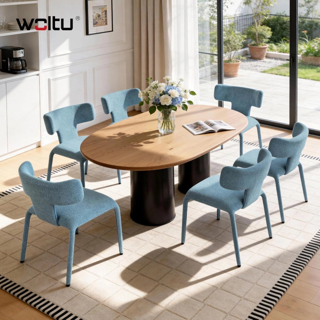 Set di 6 Sedie da Pranzo, Sedie Cucina con Schienale Curvo, Struttura Metallica, Rivestimento in Lino Colorato, per Sala da Pranzo, Soggiorno, Cucina,Blu Nebbioso