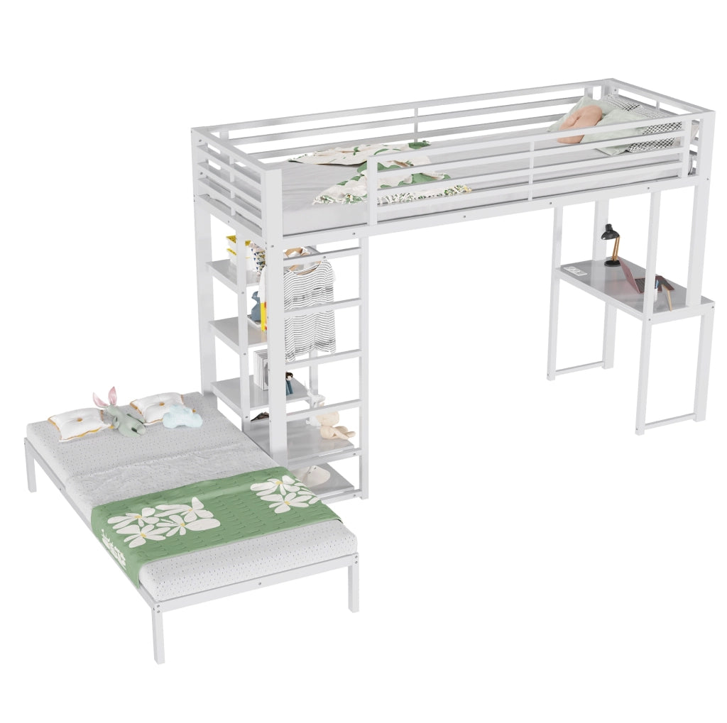 Letto a soppalco 90 x 200 cm con scrivania e scaffali bianco